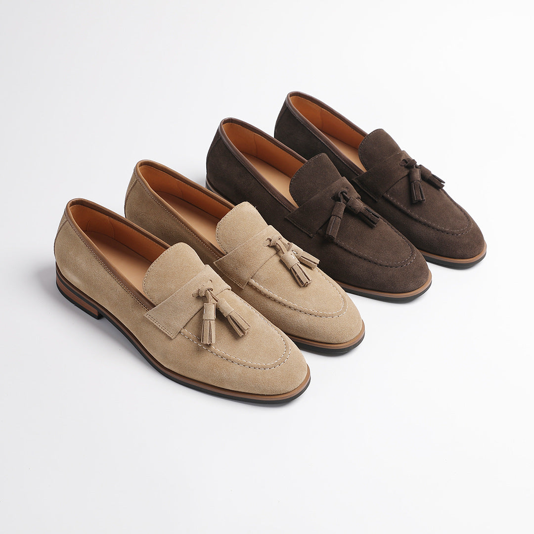 Elegant Gentleman British Retro Handmade Nubuck Leather Slip-On Tassel Loafers for Men, Lazy Casual Beanie Shoes for Men