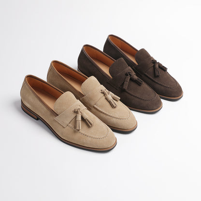 Elegant Gentleman British Retro Handmade Nubuck Leather Slip-On Tassel Loafers for Men, Lazy Casual Beanie Shoes for Men