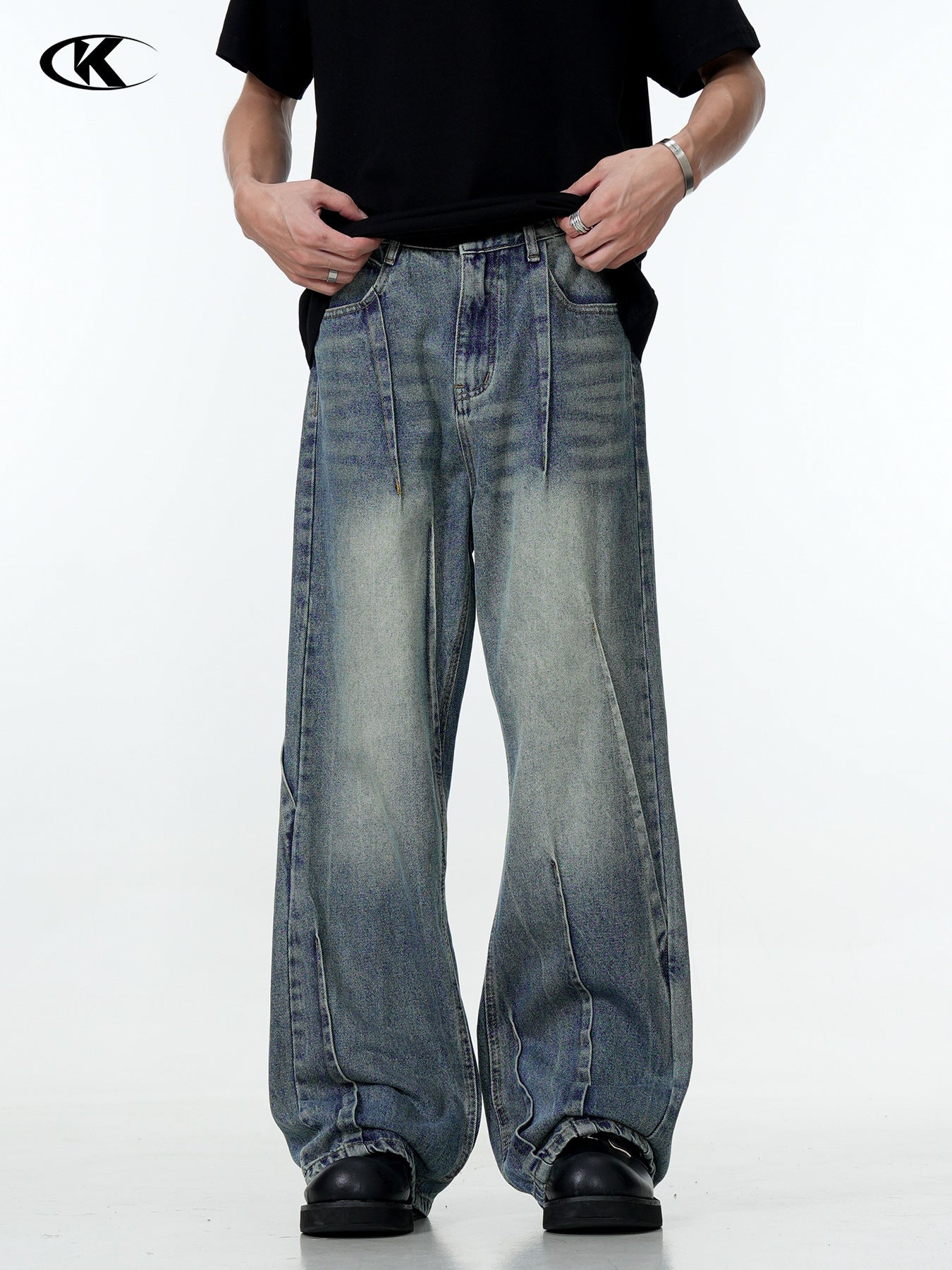 11Kn American Blue Jeans for Men and Women, Deconstructed Design, Retro Distressed Washed Straight Leg Trendy Loose Wide Leg Pants