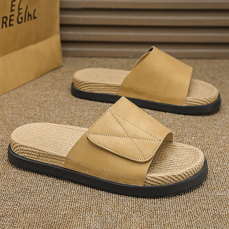 Linen Slippers for Men, Summer Outdoor Wear, Thick-Soled Woven Driving and Casual Sandals for Men