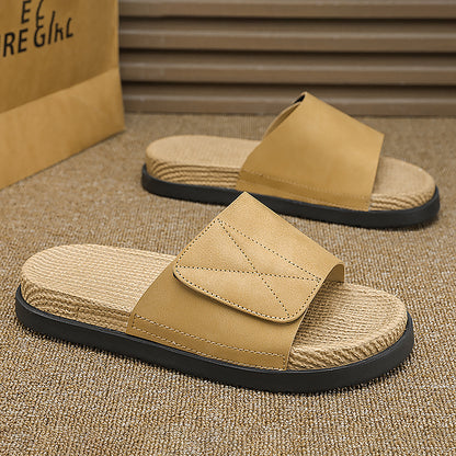 Linen Slippers for Men, Summer Outdoor Wear, Thick-Soled Woven Driving and Casual Sandals for Men