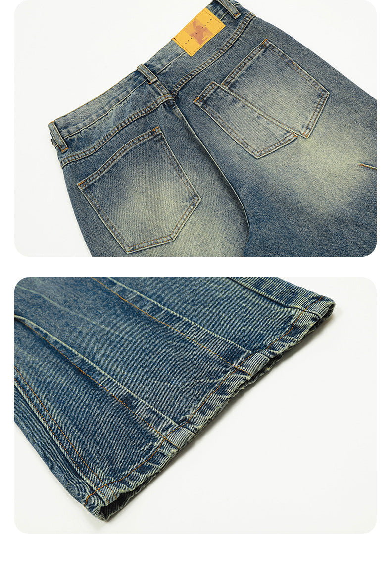 11Kn American Blue Jeans for Men and Women, Deconstructed Design, Retro Distressed Washed Straight Leg Trendy Loose Wide Leg Pants