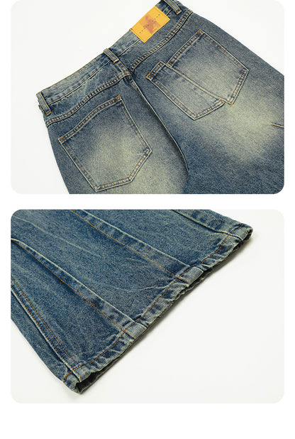 11Kn American Blue Jeans for Men and Women, Deconstructed Design, Retro Distressed Washed Straight Leg Trendy Loose Wide Leg Pants
