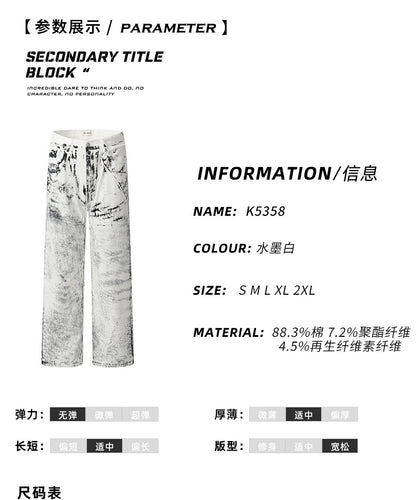 11Kn American Ink White Jeans for Men and Women Retro Splash Ink Personalized Design Dirty Dyed Straight Loose Wide Leg Pants