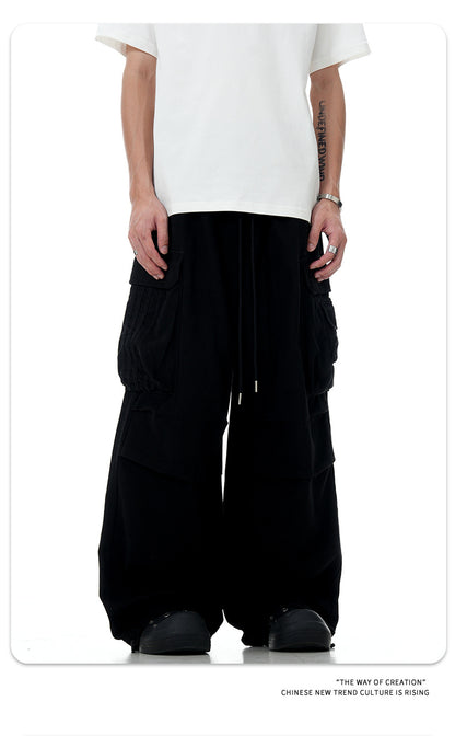11Kn American Paratrooper Cargo Pants for Men and Women, Retro Draped, Multi-Flap Pocket Pants Drawstring, Wide Legs, Slim Straight Casual Pants