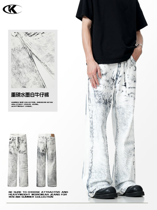 11Kn American Ink White Jeans for Men and Women Retro Splash Ink Personalized Design Dirty Dyed Straight Loose Wide Leg Pants