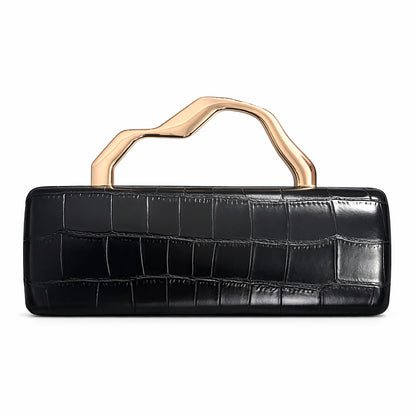 Luxury Burgundy Crocodile Pattern PU Evening Clutch with Gilded Shaped Handle for Ladies Fashionable Party Handbag