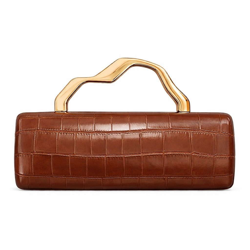 Luxury Burgundy Crocodile Pattern PU Evening Clutch with Gilded Shaped Handle for Ladies Fashionable Party Handbag
