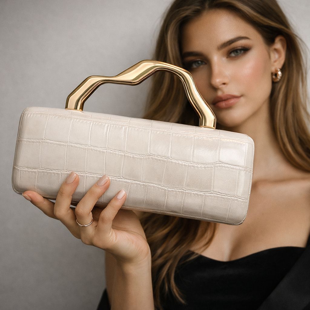 Luxury Burgundy Crocodile Pattern PU Evening Clutch with Gilded Shaped Handle for Ladies Fashionable Party Handbag