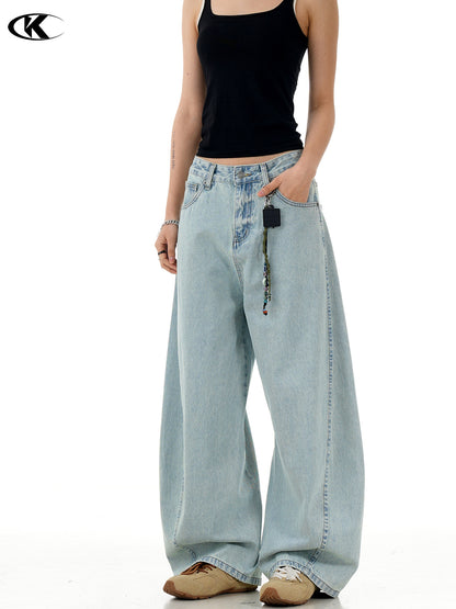 11Kn American Retro Ice Blue Scimitar Jeans for Men and Women, Distressed Washed Slimming Look Simple Wide-Leg Stacked Pants
