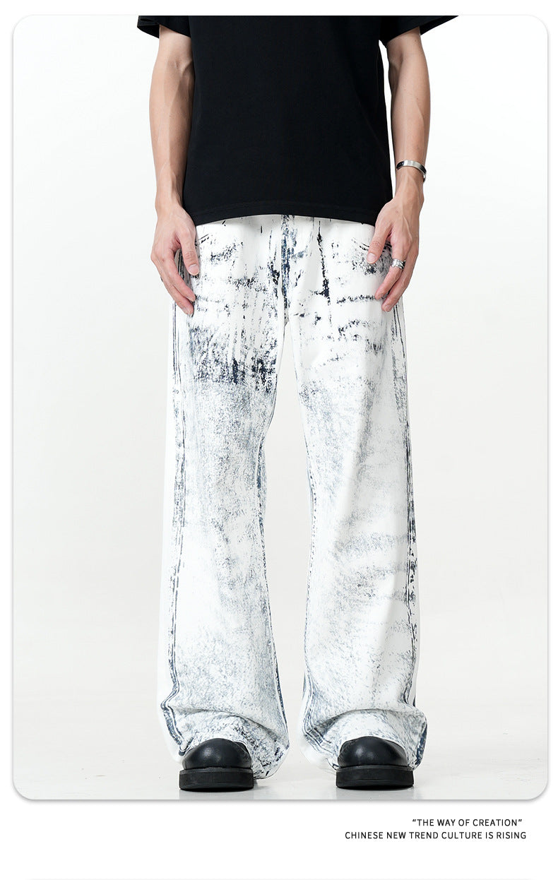 11Kn American Ink White Jeans for Men and Women Retro Splash Ink Personalized Design Dirty Dyed Straight Loose Wide Leg Pants