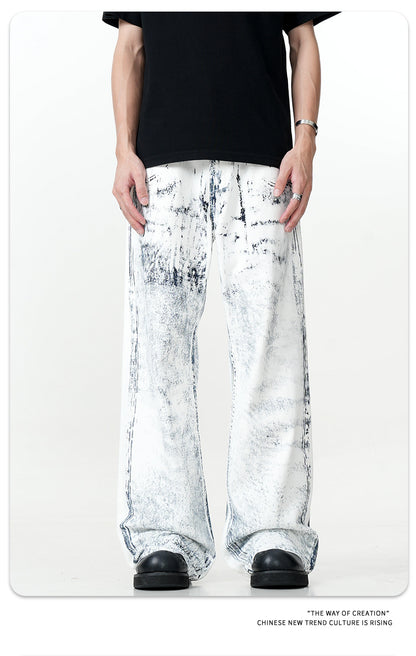 11Kn American Ink White Jeans for Men and Women Retro Splash Ink Personalized Design Dirty Dyed Straight Loose Wide Leg Pants