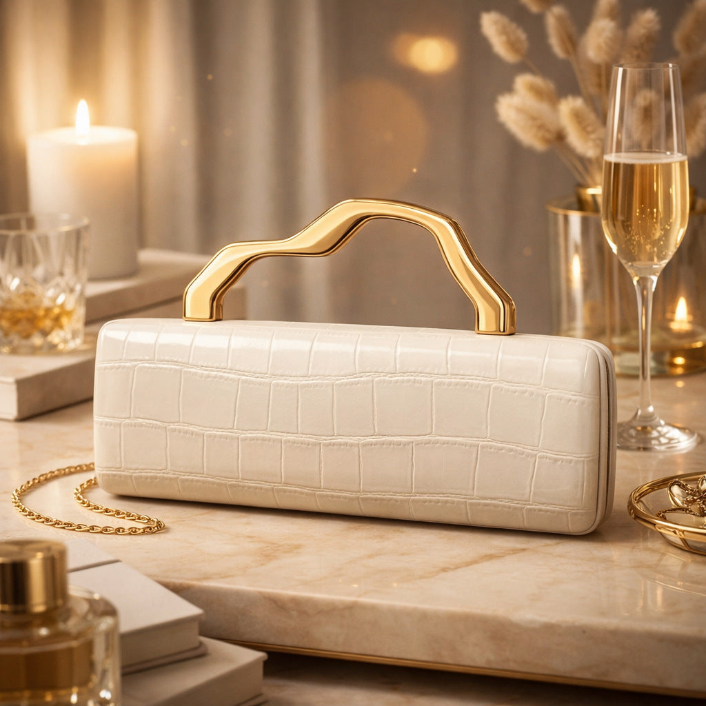 Luxury Burgundy Crocodile Pattern PU Evening Clutch with Gilded Shaped Handle for Ladies Fashionable Party Handbag