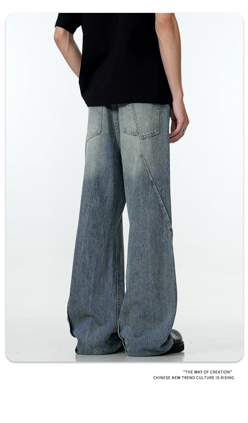11Kn American Blue Jeans for Men and Women, Deconstructed Design, Retro Distressed Washed Straight Leg Trendy Loose Wide Leg Pants