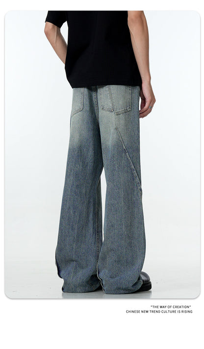 11Kn American Blue Jeans for Men and Women, Deconstructed Design, Retro Distressed Washed Straight Leg Trendy Loose Wide Leg Pants