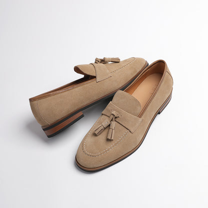 Elegant Gentleman British Retro Handmade Nubuck Leather Slip-On Tassel Loafers for Men, Lazy Casual Beanie Shoes for Men