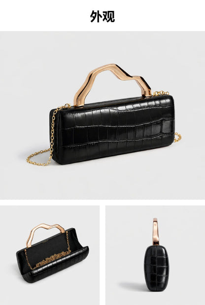 Luxury Burgundy Crocodile Pattern PU Evening Clutch with Gilded Shaped Handle for Ladies Fashionable Party Handbag