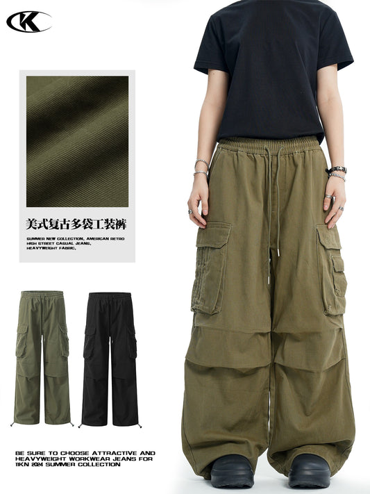 11Kn American Paratrooper Cargo Pants for Men and Women, Retro Draped, Multi-Flap Pocket Pants Drawstring, Wide Legs, Slim Straight Casual Pants