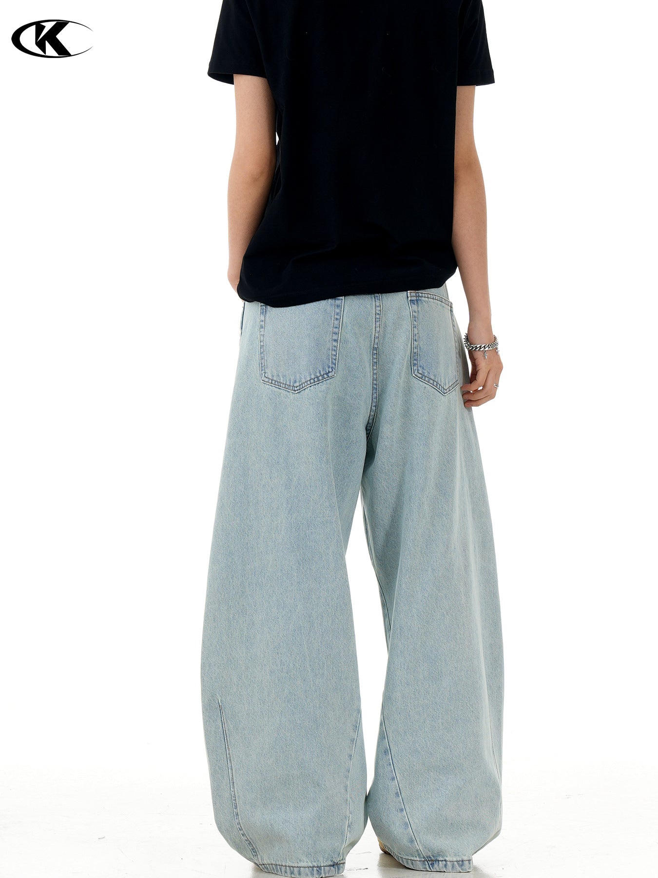 11Kn American Retro Ice Blue Scimitar Jeans for Men and Women, Distressed Washed Slimming Look Simple Wide-Leg Stacked Pants