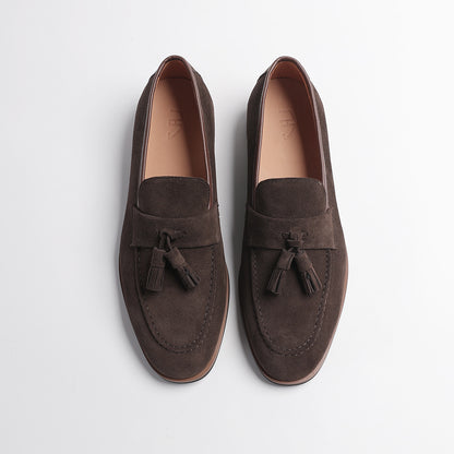 Elegant Gentleman British Retro Handmade Nubuck Leather Slip-On Tassel Loafers for Men, Lazy Casual Beanie Shoes for Men