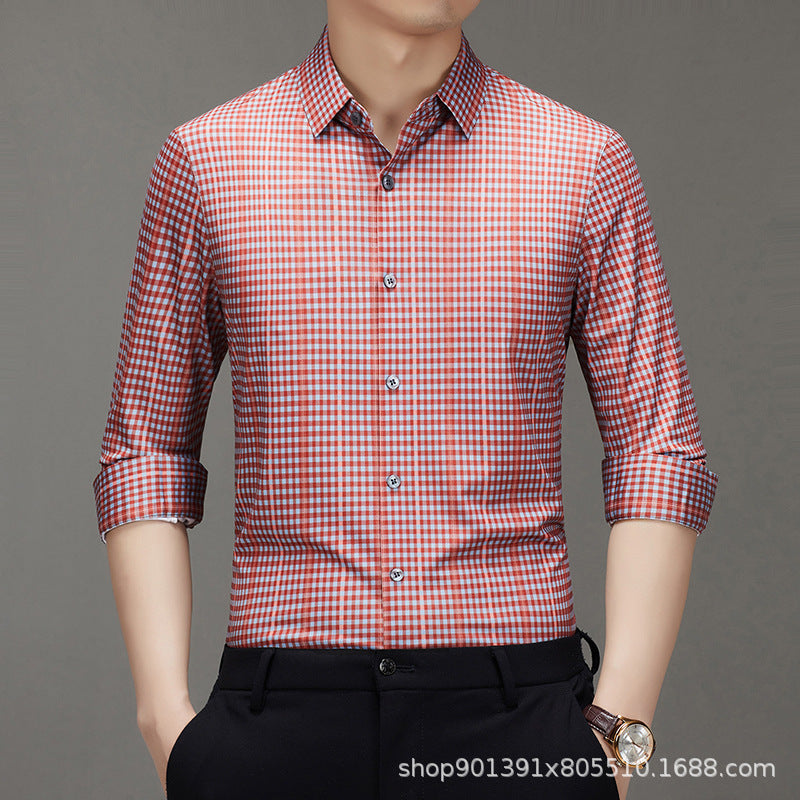 Spring and Autumn New Men's Shirt Cotton Plaid Business Casual Fashion Striped Non-Ironing Slim Long Sleeve Linen Shirt
