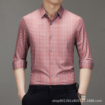 Spring and Autumn New Men's Shirt Cotton Plaid Business Casual Fashion Striped Non-Ironing Slim Long Sleeve Linen Shirt