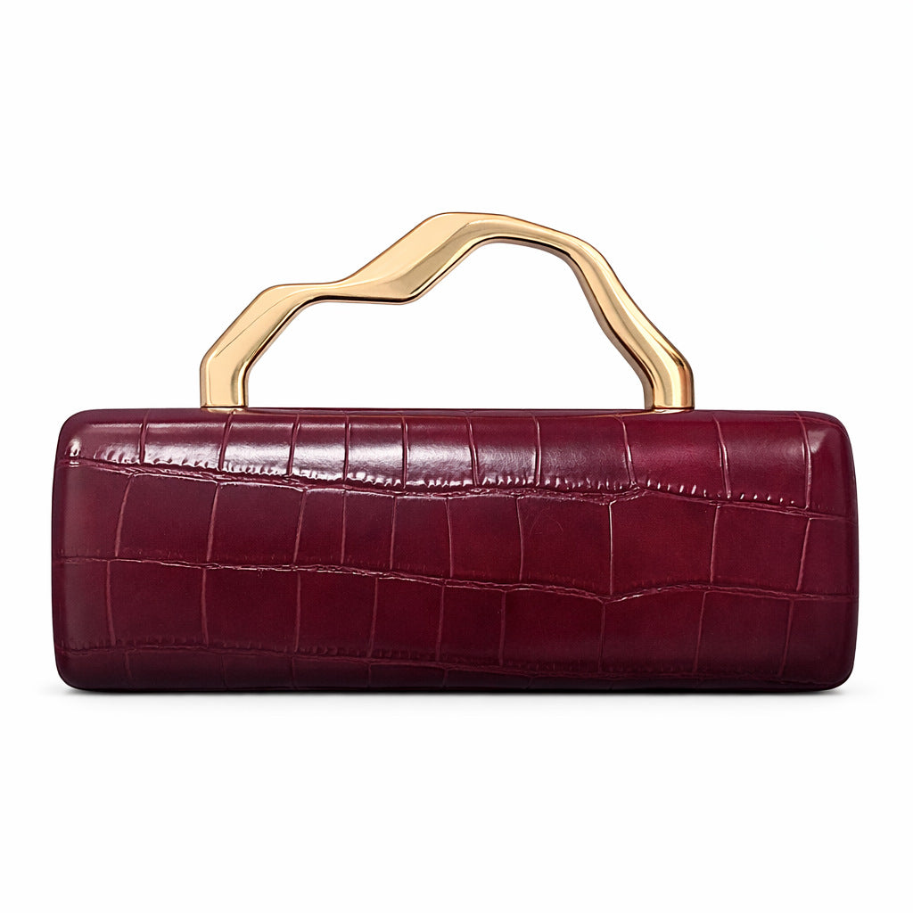 Luxury Burgundy Crocodile Pattern PU Evening Clutch with Gilded Shaped Handle for Ladies Fashionable Party Handbag