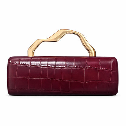 Luxury Burgundy Crocodile Pattern PU Evening Clutch with Gilded Shaped Handle for Ladies Fashionable Party Handbag