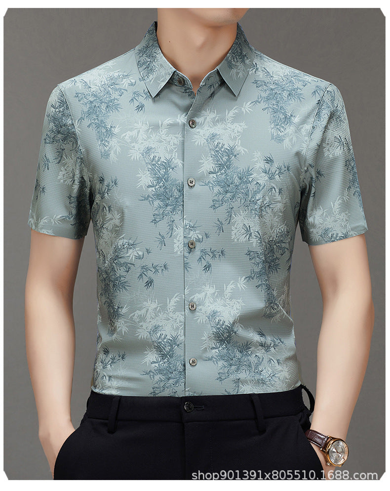 Men's Short-sleeved Shirt 2025 New Spring and Summer Ice Shirt Men's Jacquard Traceless All-match Shirt Men's Short-sleeved Shirt