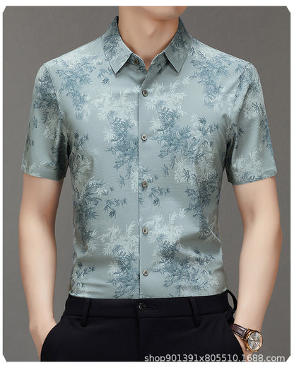 Men's Short-sleeved Shirt 2025 New Spring and Summer Ice Shirt Men's Jacquard Traceless All-match Shirt Men's Short-sleeved Shirt