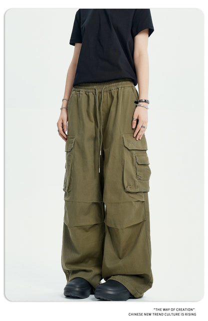 11Kn American Paratrooper Cargo Pants for Men and Women, Retro Draped, Multi-Flap Pocket Pants Drawstring, Wide Legs, Slim Straight Casual Pants