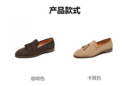 Elegant Gentleman British Retro Handmade Nubuck Leather Slip-On Tassel Loafers for Men, Lazy Casual Beanie Shoes for Men
