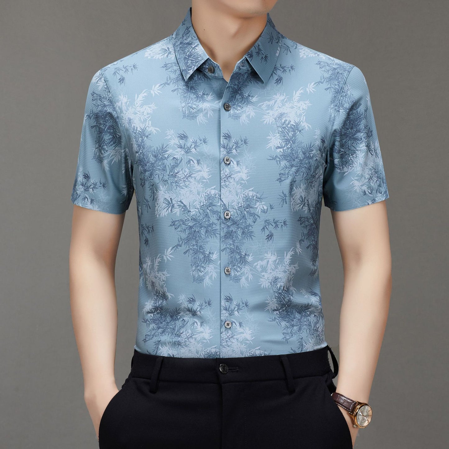 Men's Short-sleeved Shirt 2025 New Spring and Summer Ice Shirt Men's Jacquard Traceless All-match Shirt Men's Short-sleeved Shirt