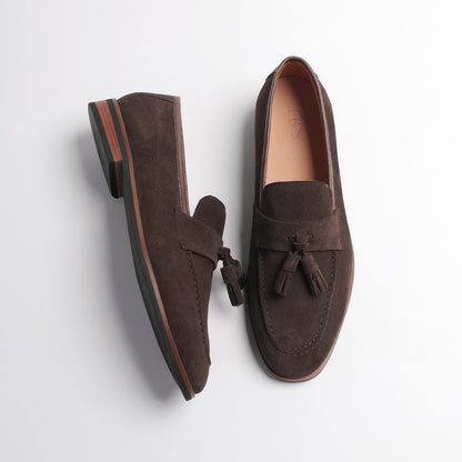 Elegant Gentleman British Retro Handmade Nubuck Leather Slip-On Tassel Loafers for Men, Lazy Casual Beanie Shoes for Men