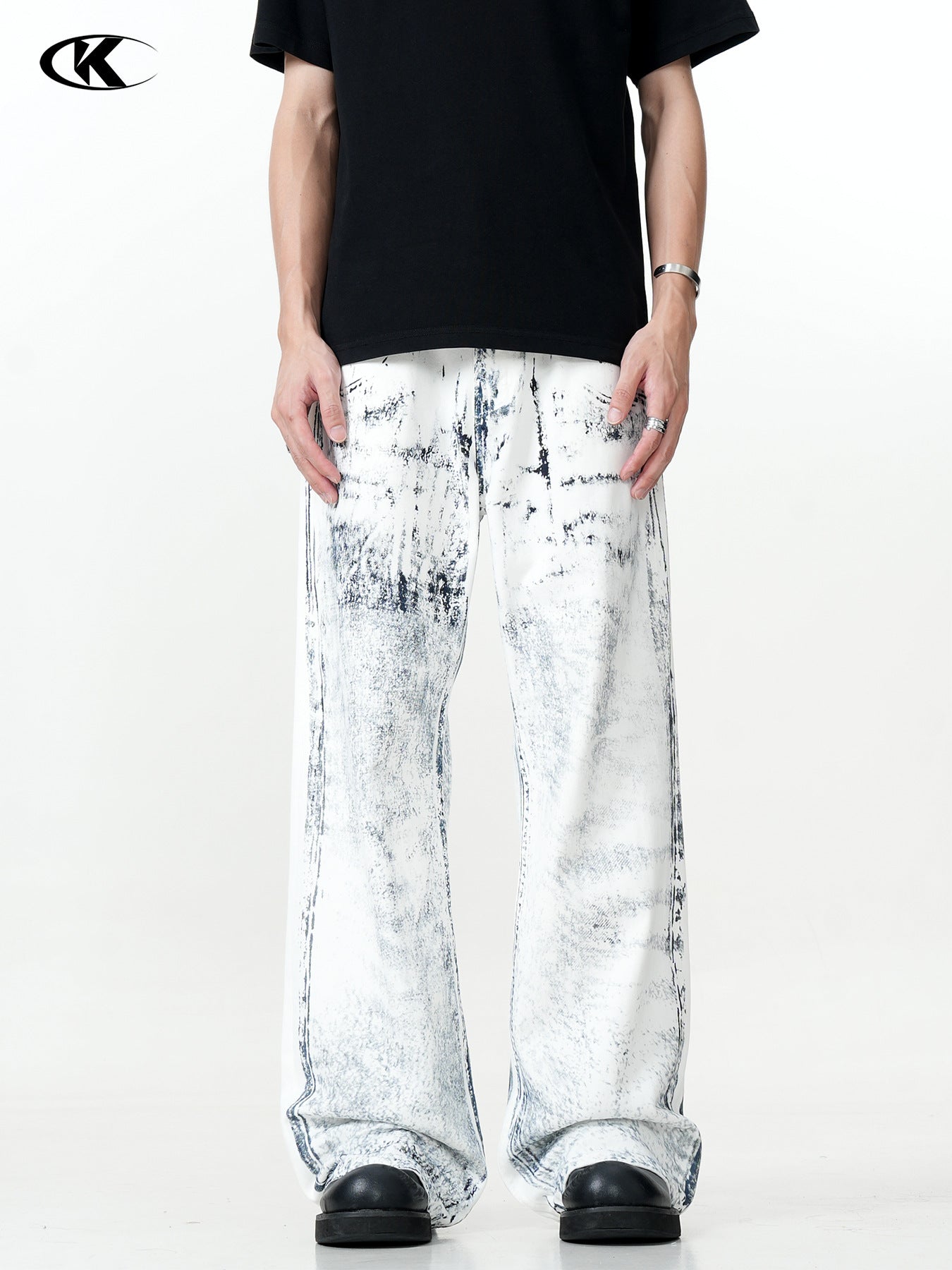 11Kn American Ink White Jeans for Men and Women Retro Splash Ink Personalized Design Dirty Dyed Straight Loose Wide Leg Pants