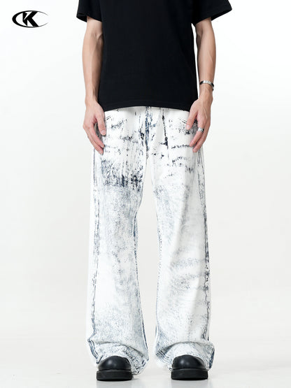 11Kn American Ink White Jeans for Men and Women Retro Splash Ink Personalized Design Dirty Dyed Straight Loose Wide Leg Pants