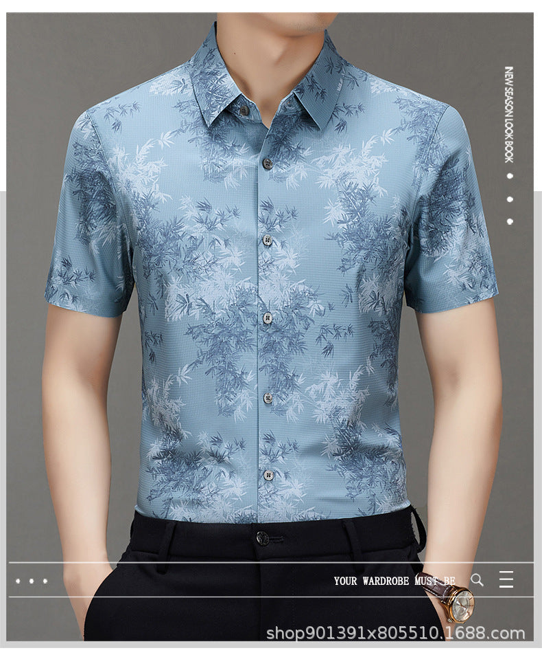 Men's Short-sleeved Shirt 2025 New Spring and Summer Ice Shirt Men's Jacquard Traceless All-match Shirt Men's Short-sleeved Shirt