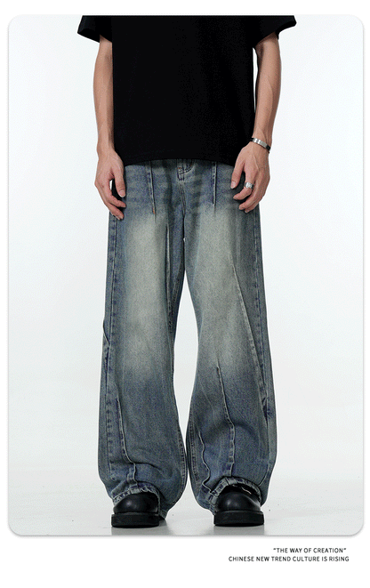 11Kn American Blue Jeans for Men and Women, Deconstructed Design, Retro Distressed Washed Straight Leg Trendy Loose Wide Leg Pants