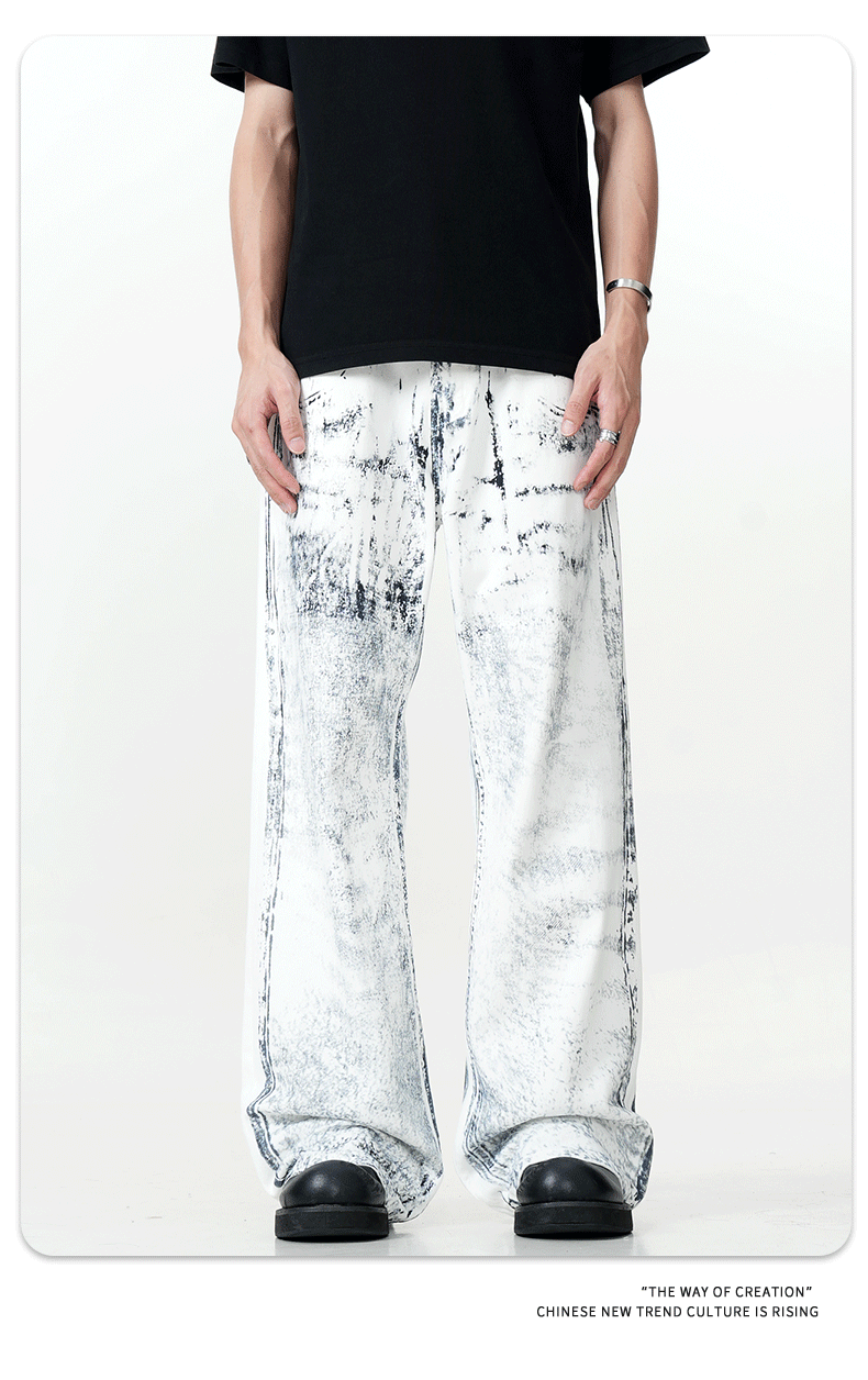11Kn American Ink White Jeans for Men and Women Retro Splash Ink Personalized Design Dirty Dyed Straight Loose Wide Leg Pants
