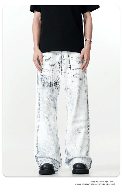 11Kn American Ink White Jeans for Men and Women Retro Splash Ink Personalized Design Dirty Dyed Straight Loose Wide Leg Pants