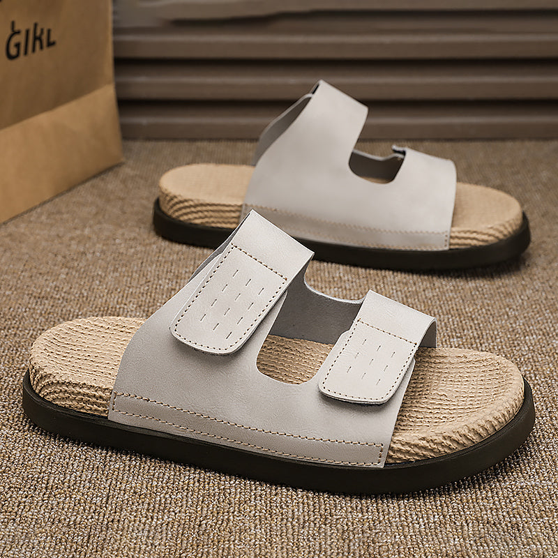 Linen Slippers for Men, Summer Outdoor Wear, Thick-Soled Woven Driving and Casual Sandals for Men