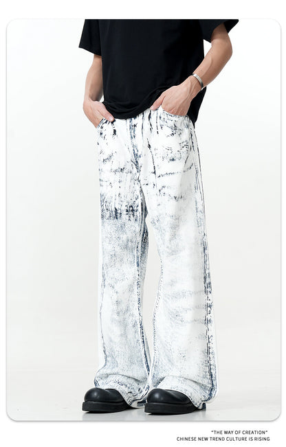 11Kn American Ink White Jeans for Men and Women Retro Splash Ink Personalized Design Dirty Dyed Straight Loose Wide Leg Pants