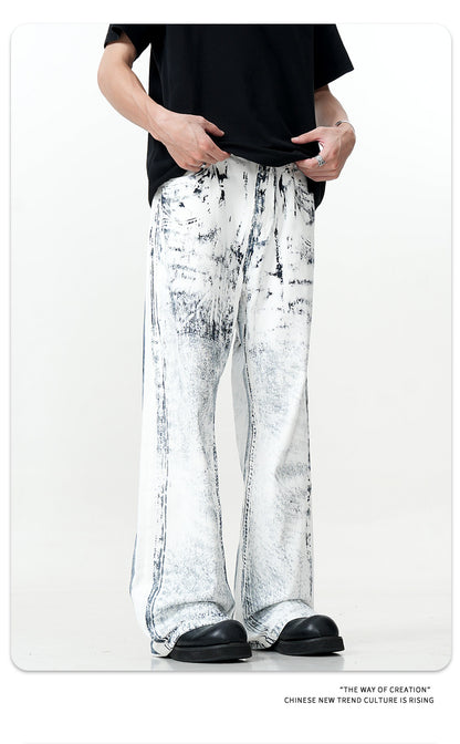 11Kn American Ink White Jeans for Men and Women Retro Splash Ink Personalized Design Dirty Dyed Straight Loose Wide Leg Pants