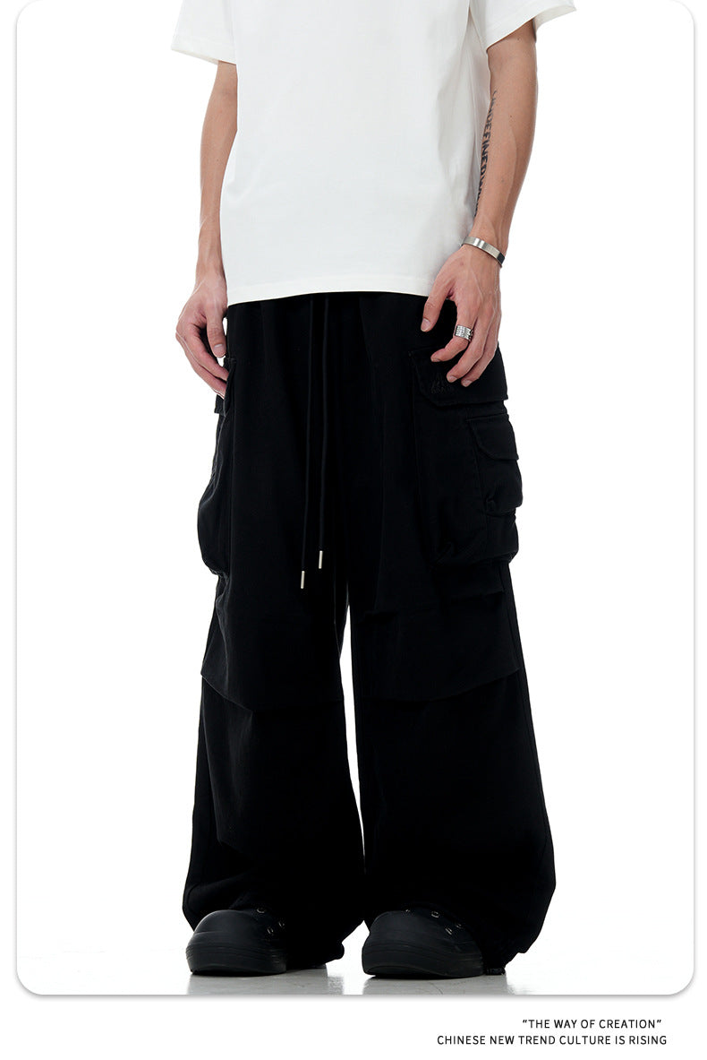 11Kn American Paratrooper Cargo Pants for Men and Women, Retro Draped, Multi-Flap Pocket Pants Drawstring, Wide Legs, Slim Straight Casual Pants