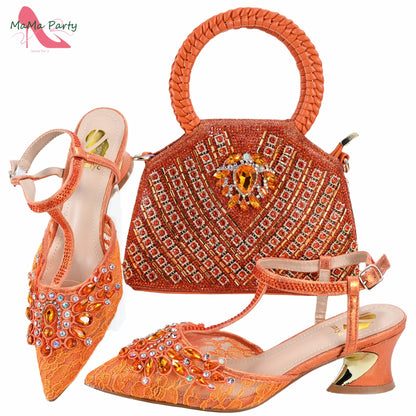 Purple Color New Arrivals Italian Design Nigerian Women Shoes and Bag Set Pointed Toe Slipper with Shinning Crystal for Party