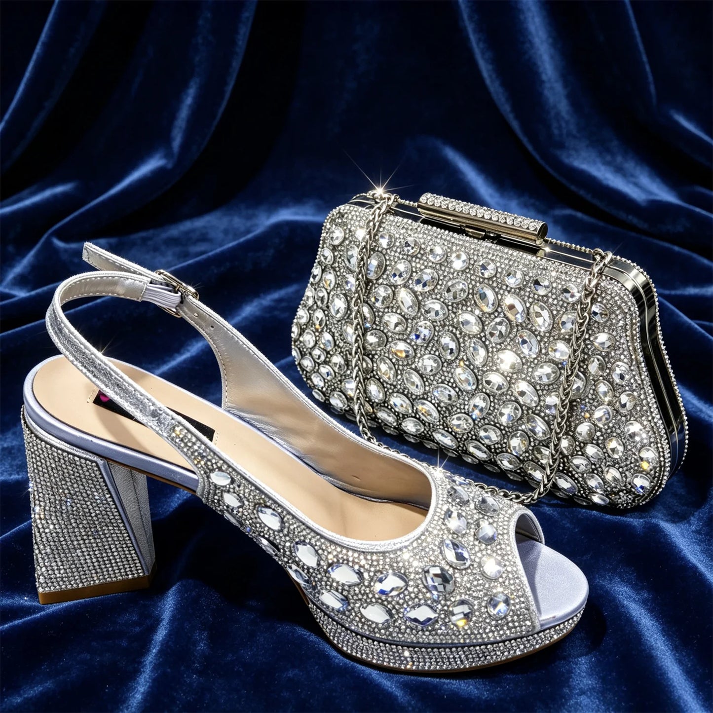 Venus Chan Elegant Gold Striped Peep Toe High Heels and Matching Bag Set – Rhinestone Decor for Parties and Weddings