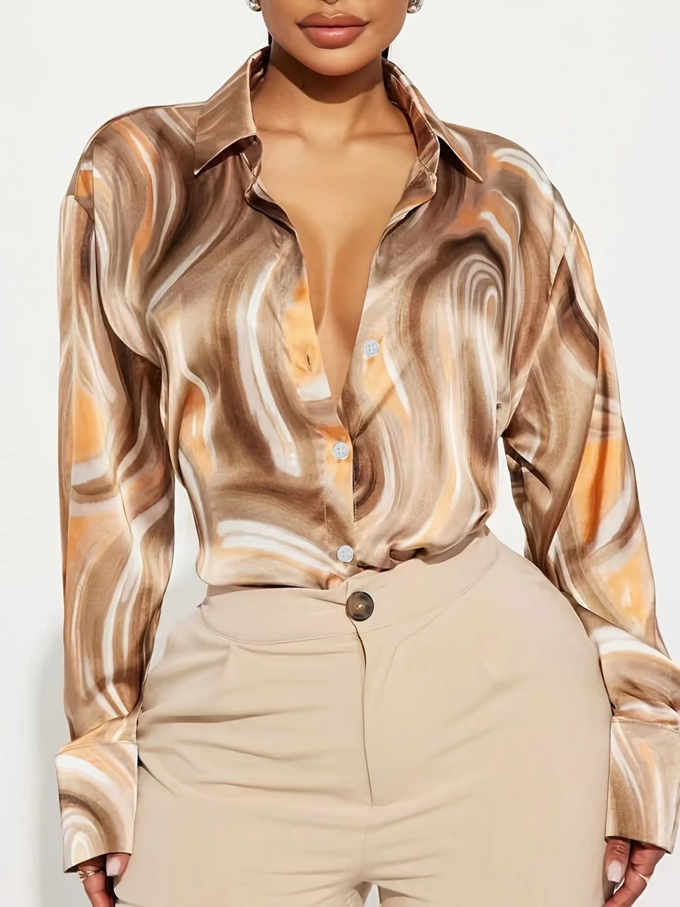 Plus Size Women's Swirl Pattern Button Up Shirt, Long Sleeve Point Collar Loose Fit Blouse