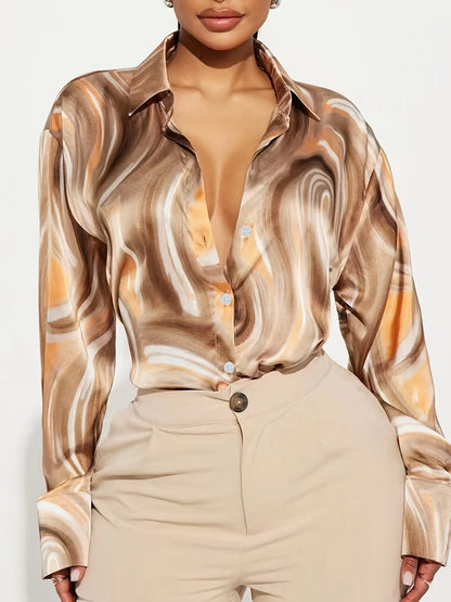Plus Size Women's Swirl Pattern Button Up Shirt, Long Sleeve Point Collar Loose Fit Blouse