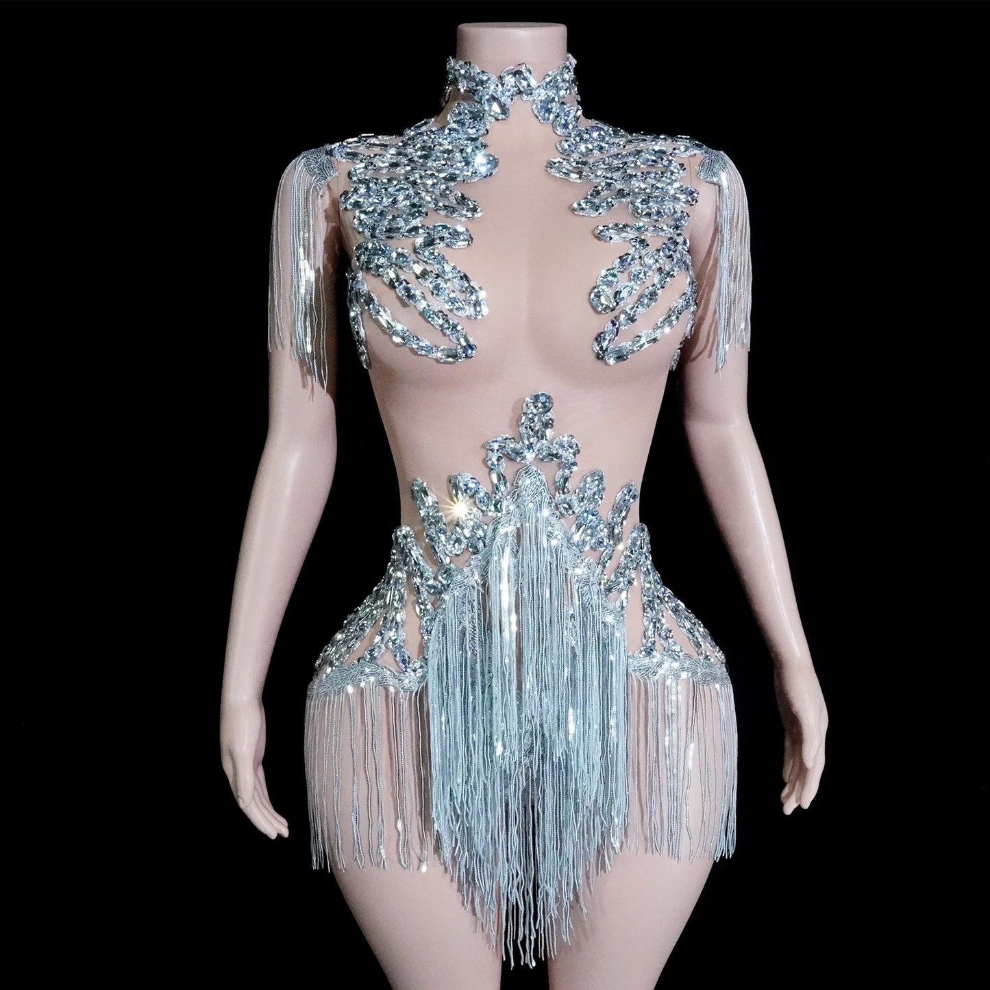 Sexy Mesh Sheer Black Rhinestone Tassel Bodysuit Women Singer Dancer Stage Show Outfit Nightclub Leotard Party Performance Wear