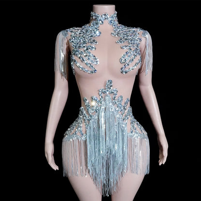 Sexy Mesh Sheer Black Rhinestone Tassel Bodysuit Women Singer Dancer Stage Show Outfit Nightclub Leotard Party Performance Wear